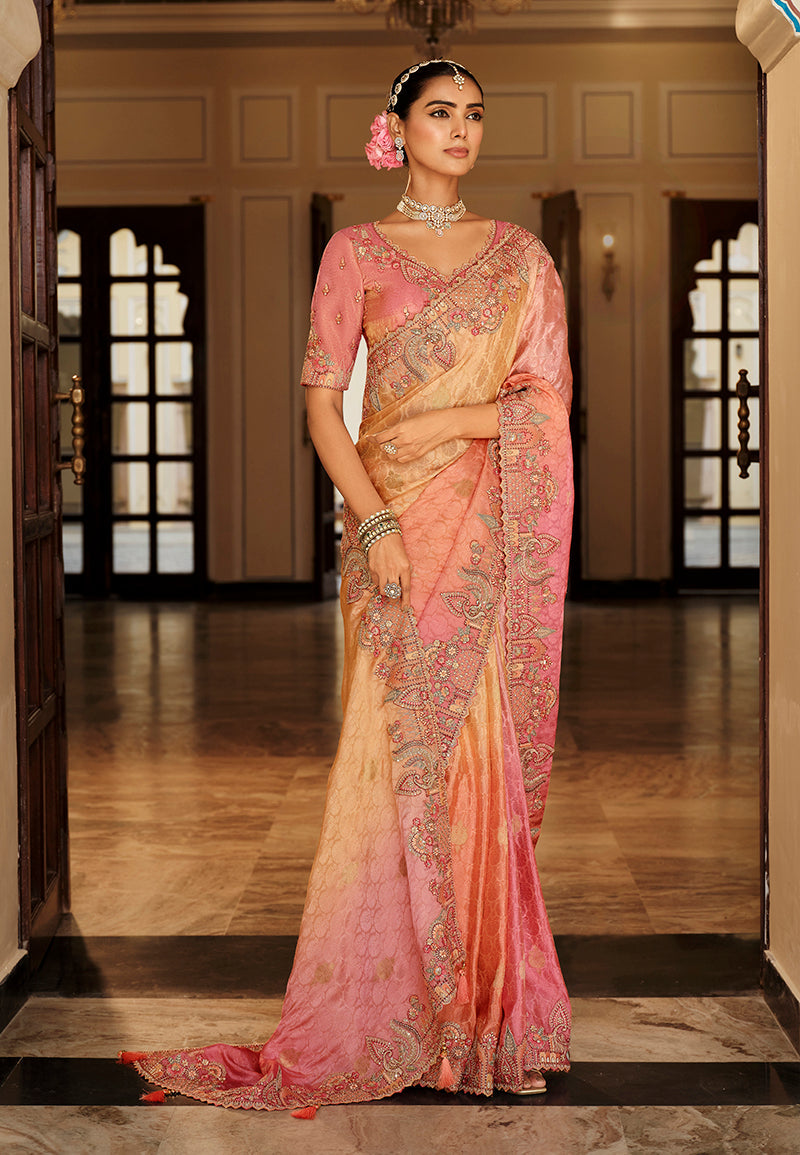 Monjolika Fashion Silk Blend Saree In Peach & Rose Pink With Intricate Meenakari Zari Detailing | Grocsy