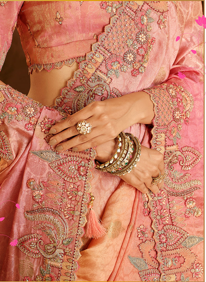Monjolika Fashion Silk Blend Saree In Peach & Rose Pink With Intricate Meenakari Zari Detailing | Grocsy