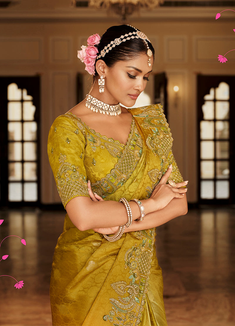 Monjolika Fashion Silk Blend Silk Saree In Mustard Yellow With Rich Meenakari Zari Weaving | Grocsy