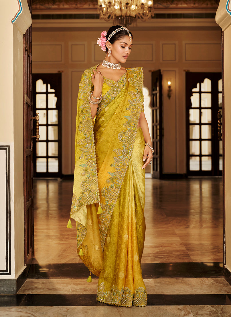 Monjolika Fashion Silk Blend Silk Saree In Mustard Yellow With Rich Meenakari Zari Weaving | Grocsy