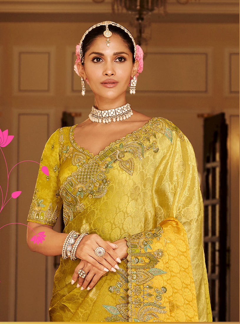 Monjolika Fashion Silk Blend Silk Saree In Mustard Yellow With Rich Meenakari Zari Weaving | Grocsy