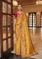 Monjolika Fashion Silk Blend Saree In Amber With Rani Pink Contrast Blouse & Meenakari Zari Weaving | Grocsy
