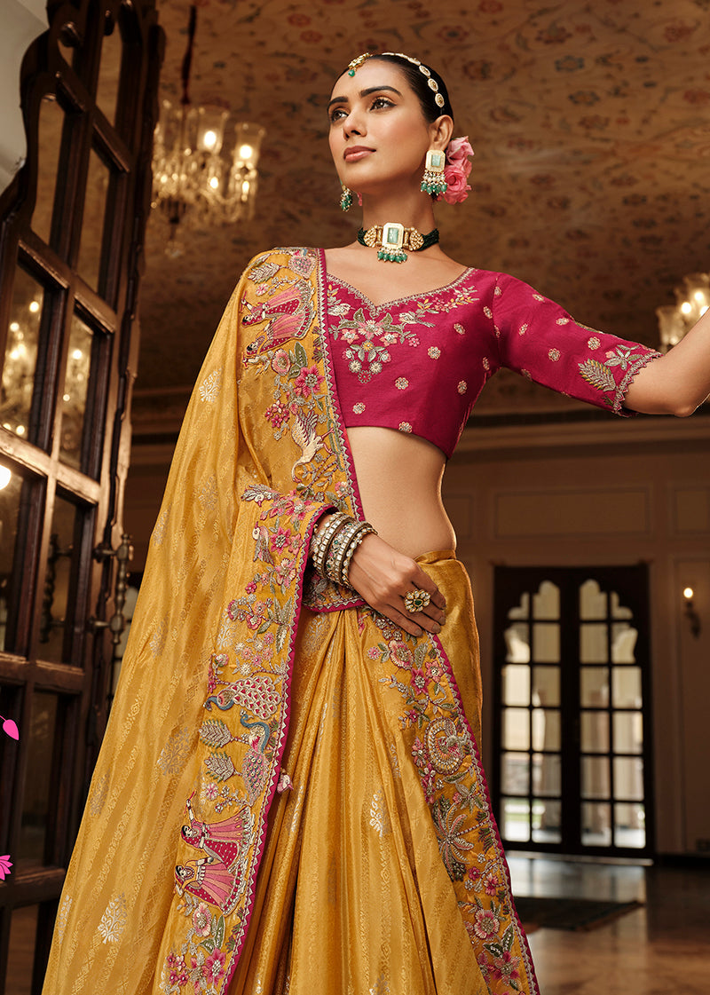 Monjolika Fashion Silk Blend Saree In Amber With Rani Pink Contrast Blouse & Meenakari Zari Weaving | Grocsy