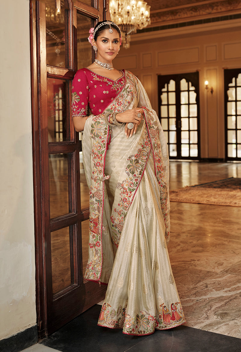 Monjolika Fashion Silk Blend Saree In Ivory White With Rani Pink Contrast Blouse & Meenakari Zari Borders | Grocsy