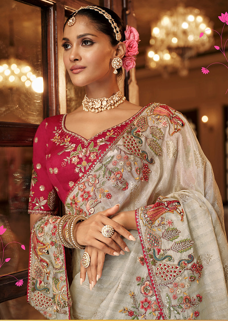 Monjolika Fashion Silk Blend Saree In Ivory White With Rani Pink Contrast Blouse & Meenakari Zari Borders | Grocsy