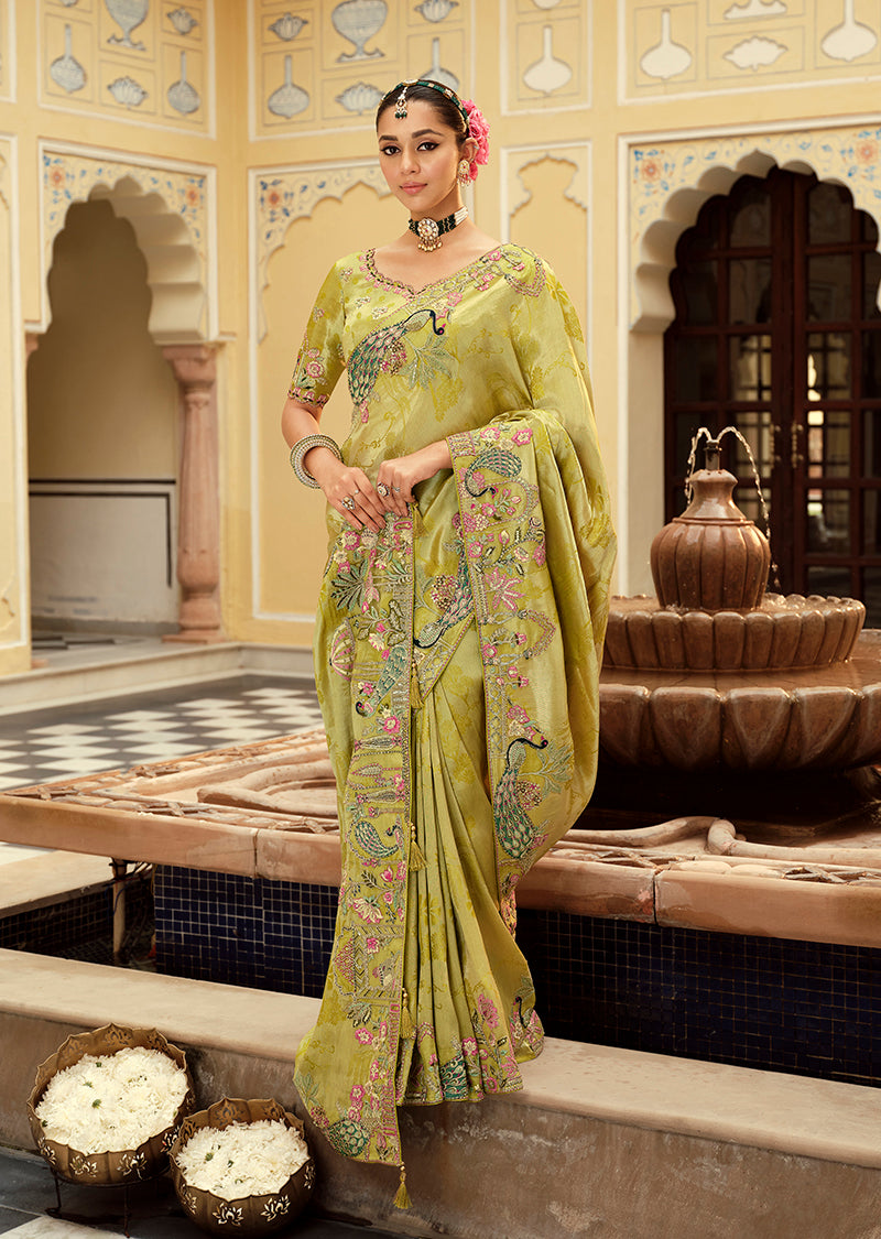 Monjolika Fashion Silk Blend Silk Saree In Light Green With Rich Meenakari Zari Weaving | Grocsy