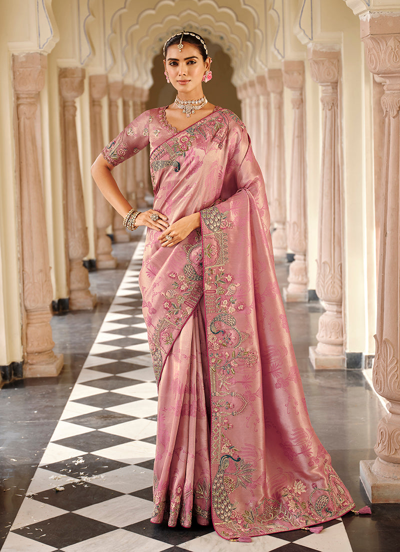 Monjolika Fashion Silk Blend Silk Saree In Light Pink With Rich Meenakari Zari Weaving | Grocsy