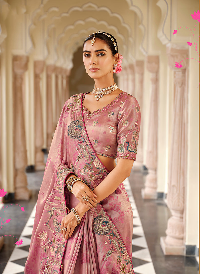 Monjolika Fashion Silk Blend Silk Saree In Light Pink With Rich Meenakari Zari Weaving | Grocsy