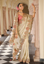 Monjolika Fashion Silk Blend Silk Saree In Off White With Rich Meenakari Zari Weaving | Grocsy