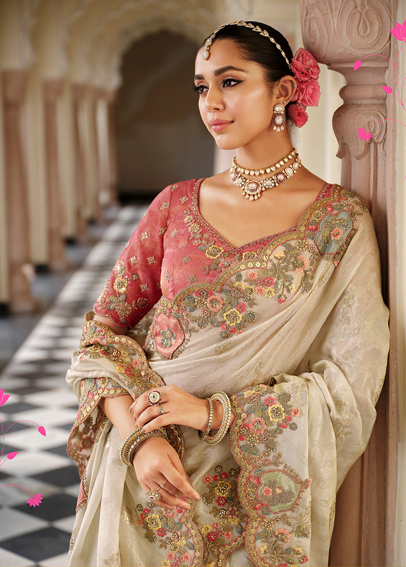 Monjolika Fashion Silk Blend Silk Saree In Off White With Rich Meenakari Zari Weaving | Grocsy