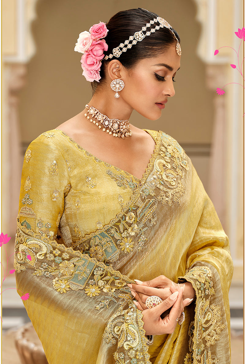 Monjolika Fashion Silk Blend Silk Saree In Light Yellow With Rich Meenakari Zari Weaving | Grocsy