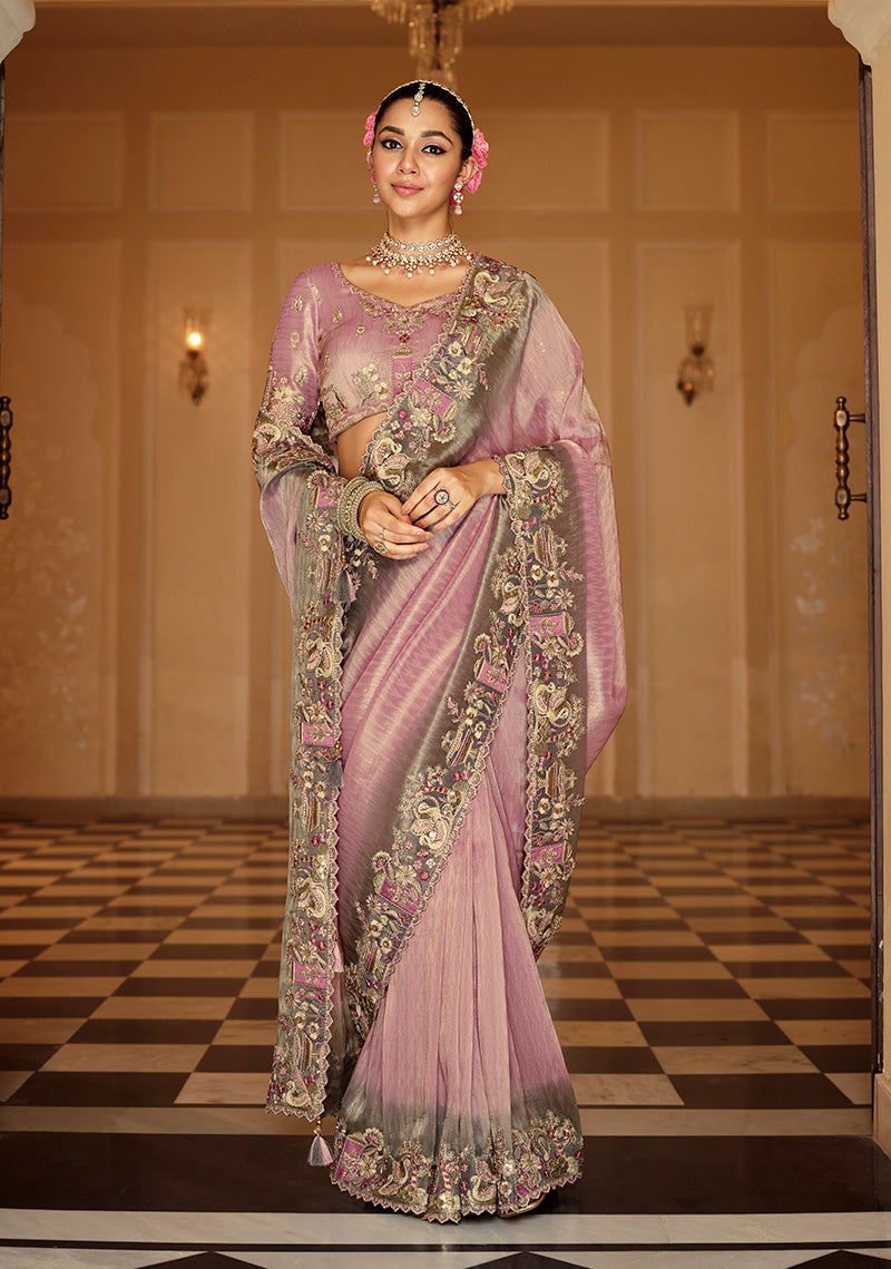 Monjolika Fashion Silk Blend Silk Saree In Onion Pink With Rich Meenakari Zari Weaving | Grocsy