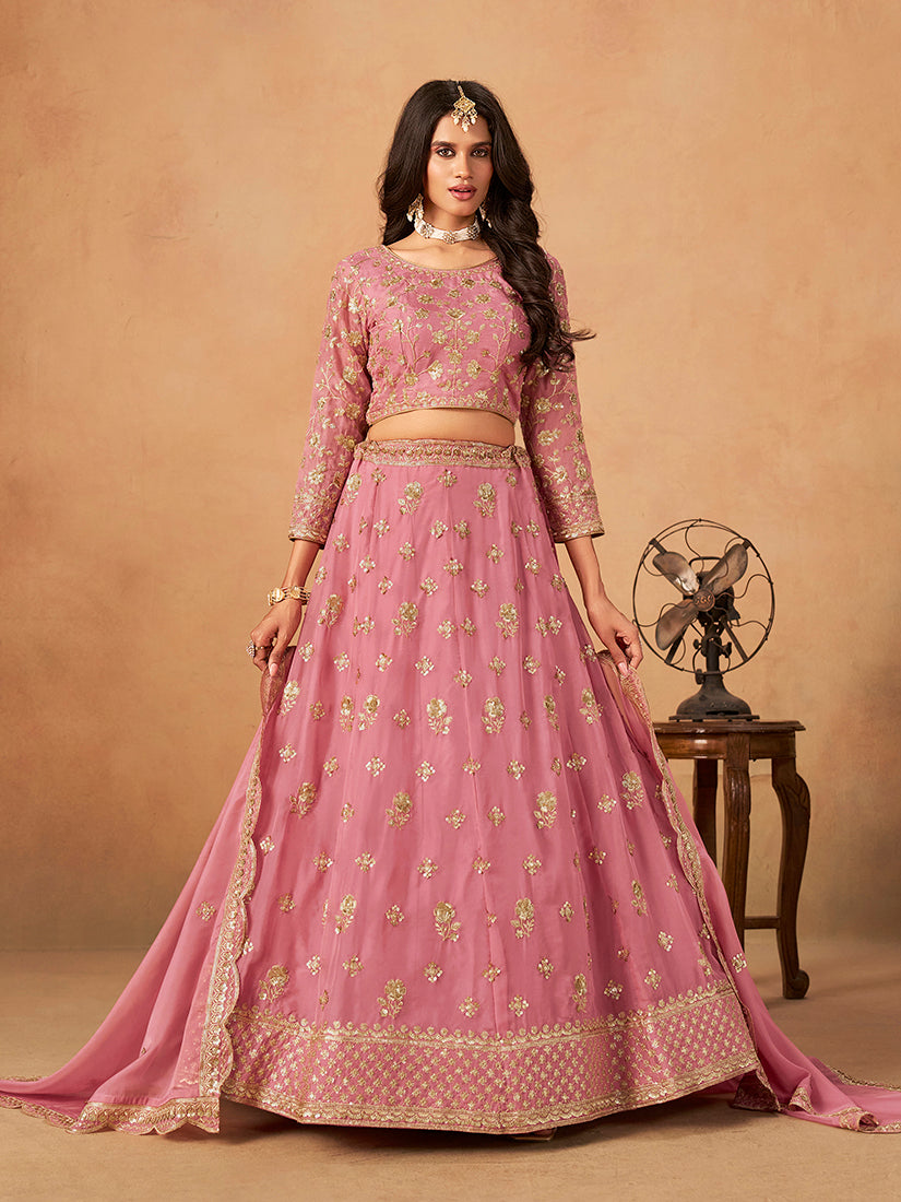 Monjolika Fashion Embroidered Pink Organza Trendy Lehenga Choli | Grocsy
