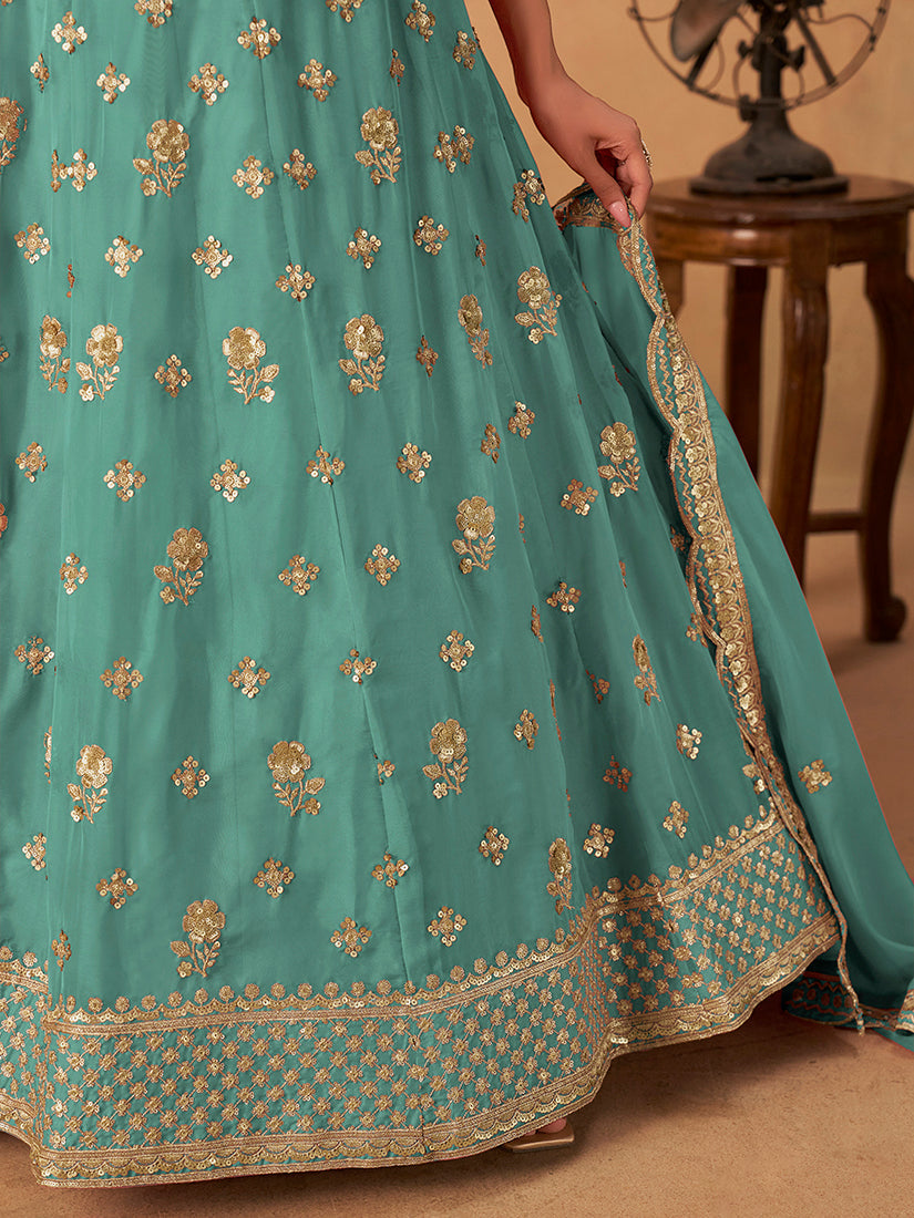 Monjolika Fashion Embroidered Turquoise Organza Trendy Lehenga Choli | Grocsy