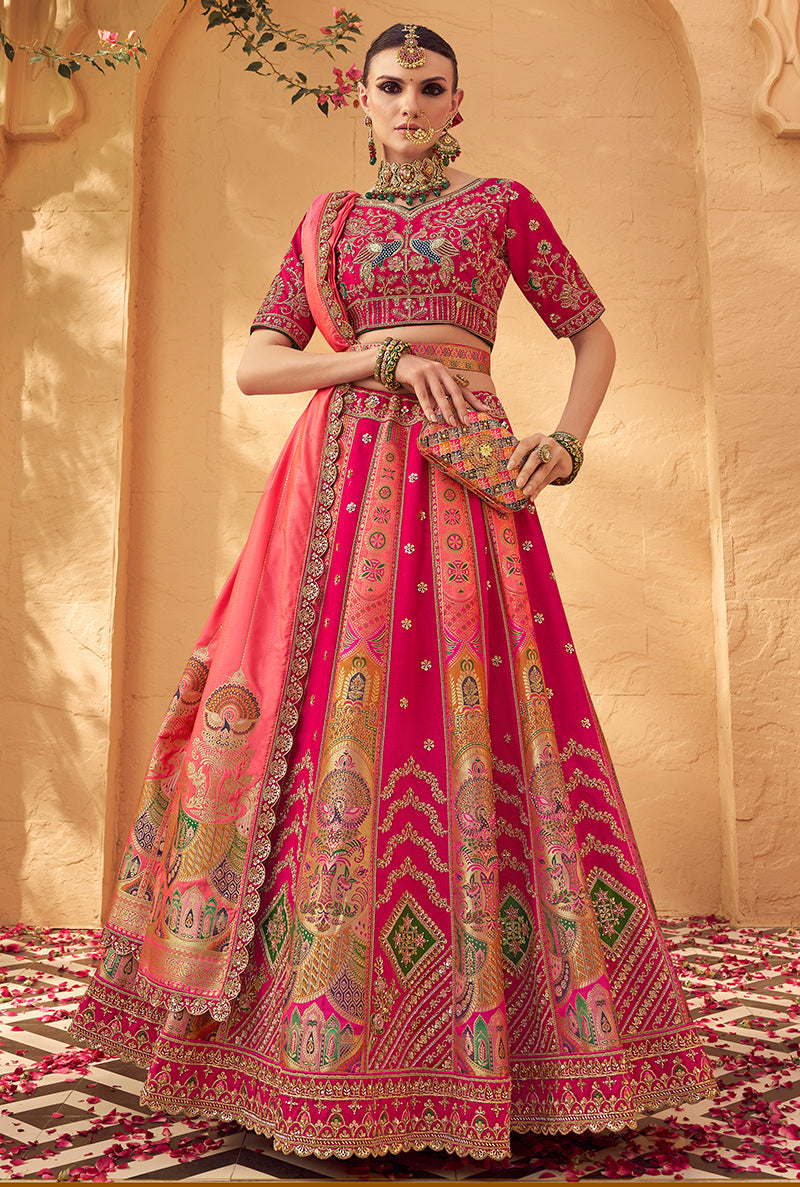 Monjolika Fashion Rani Pink Banarasi Silk Wedding Wear Lehenga With Embroidery Work | Grocsy