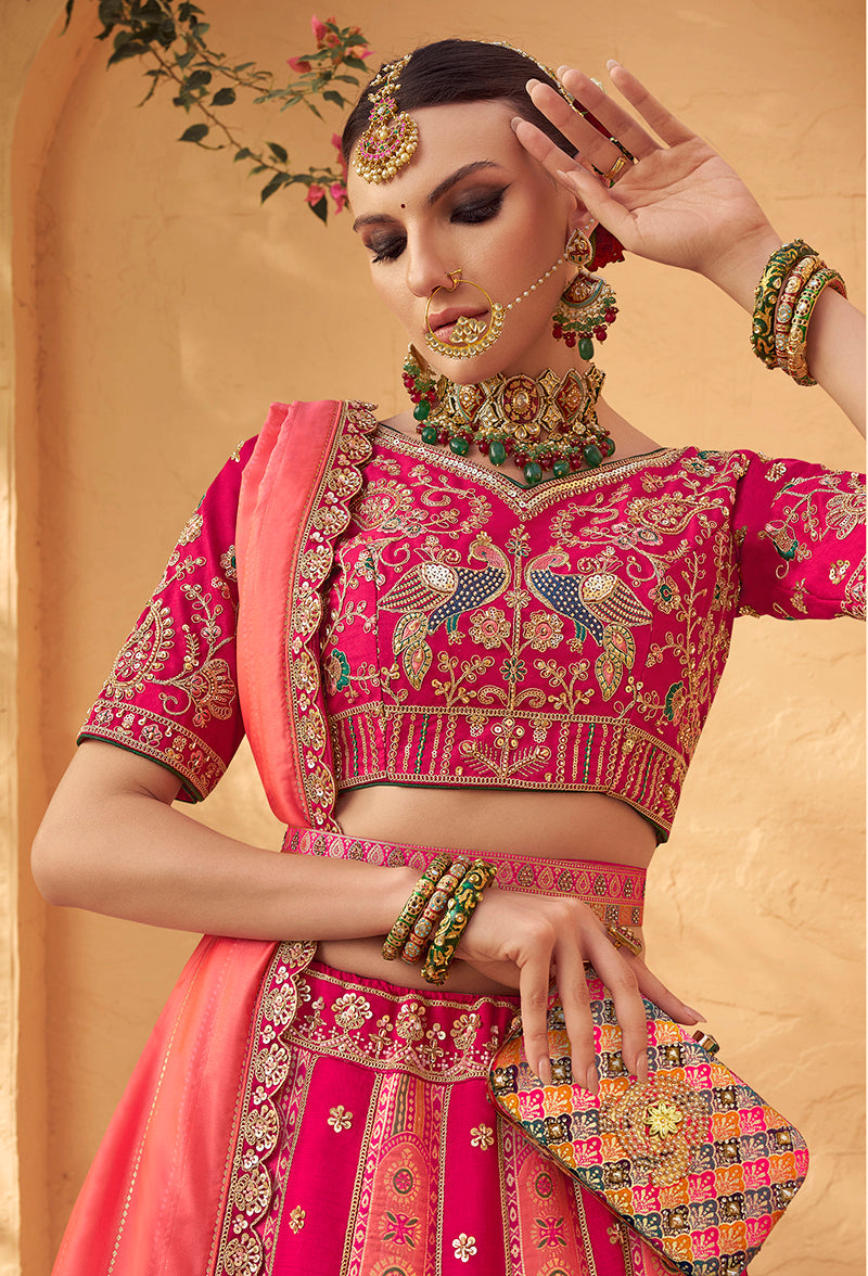 Monjolika Fashion Rani Pink Banarasi Silk Wedding Wear Lehenga With Embroidery Work | Grocsy