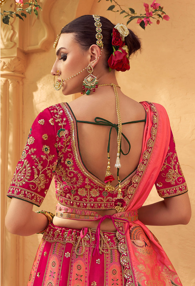 Monjolika Fashion Rani Pink Banarasi Silk Wedding Wear Lehenga With Embroidery Work | Grocsy