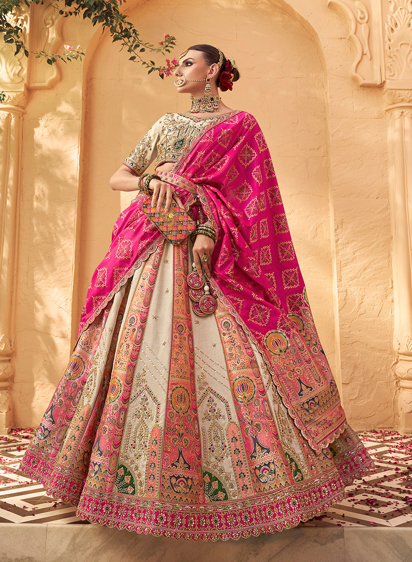 Monjolika Fashion Multicolor Banarasi Silk Wedding Wear Lehenga With Embroidery Work | Grocsy