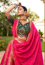 Monjolika Fashion Hot Pink Banarasi Silk Wedding Wear Lehenga With Embroidery Work | Grocsy