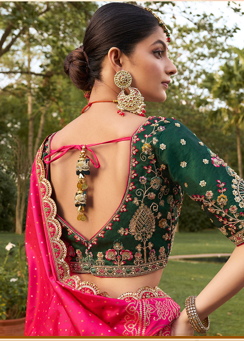 Monjolika Fashion Hot Pink Banarasi Silk Wedding Wear Lehenga With Embroidery Work | Grocsy