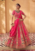 Monjolika Fashion Hot Pink & Peach Banarasi Silk Wedding Wear Lehenga With Embroidery Work | Grocsy
