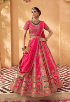 Monjolika Fashion Hot Pink & Peach Banarasi Silk Wedding Wear Lehenga With Embroidery Work | Grocsy