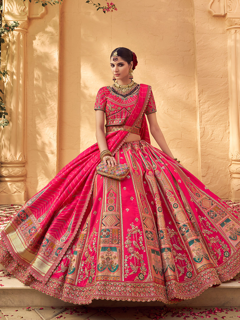 Monjolika Fashion Hot Pink & Peach Banarasi Silk Wedding Wear Lehenga With Embroidery Work | Grocsy