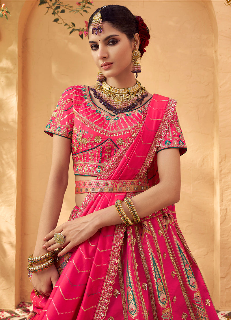 Monjolika Fashion Hot Pink & Peach Banarasi Silk Wedding Wear Lehenga With Embroidery Work | Grocsy