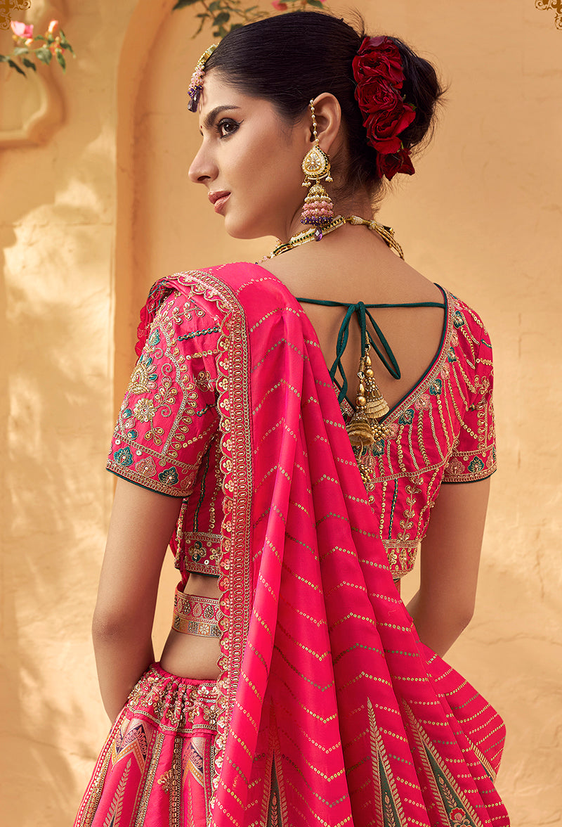 Monjolika Fashion Hot Pink & Peach Banarasi Silk Wedding Wear Lehenga With Embroidery Work | Grocsy