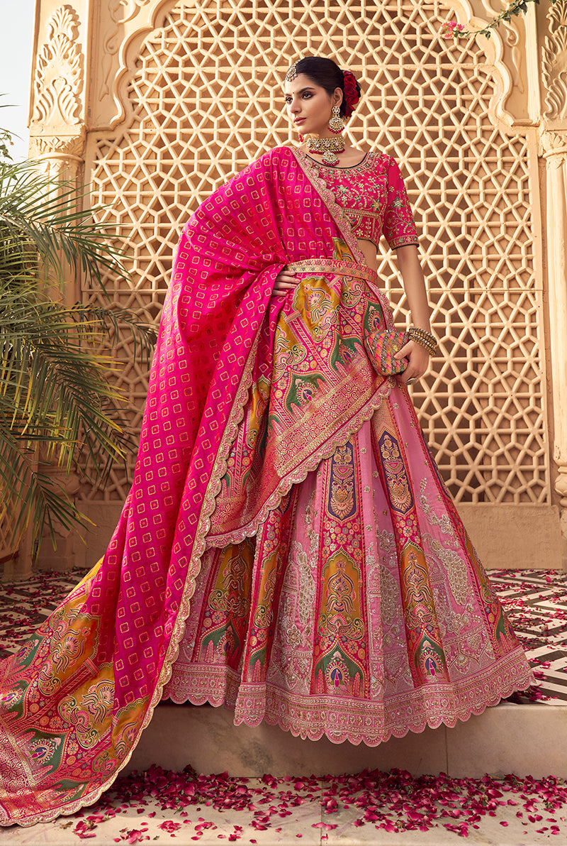 Monjolika Fashion Onion Pink Banarasi Silk Wedding Wear Lehenga With Embroidery Work | Grocsy
