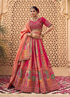 Monjolika Fashion Rani Pink & Peach Banarasi Silk Wedding Wear Lehenga With Embroidery Work | Grocsy
