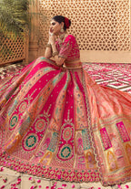 Monjolika Fashion Rani Pink & Peach Banarasi Silk Wedding Wear Lehenga With Embroidery Work | Grocsy