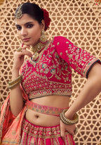 Monjolika Fashion Rani Pink & Peach Banarasi Silk Wedding Wear Lehenga With Embroidery Work | Grocsy