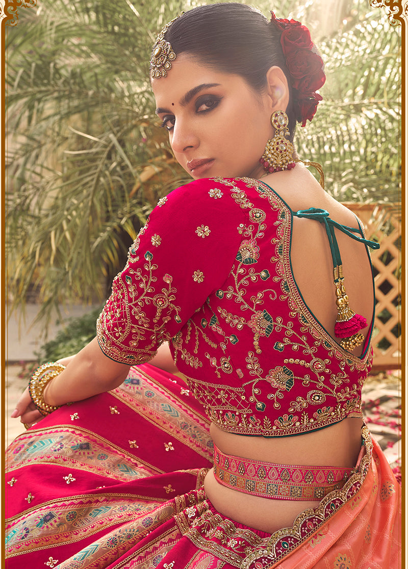 Monjolika Fashion Rani Pink & Peach Banarasi Silk Wedding Wear Lehenga With Embroidery Work | Grocsy