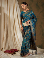 Sangria Blue Floral Woven Design Zari Kanjeevaram Saree | Grocsy