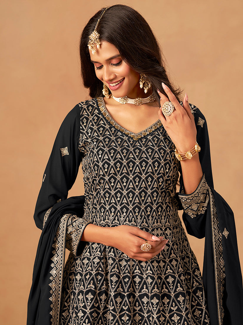 Monjolika Fashion Black Embroidered Faux Georgette Trendy Palazzo Salwar Kameez | Grocsy