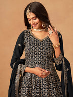 Monjolika Fashion Black Embroidered Faux Georgette Trendy Palazzo Salwar Kameez | Grocsy
