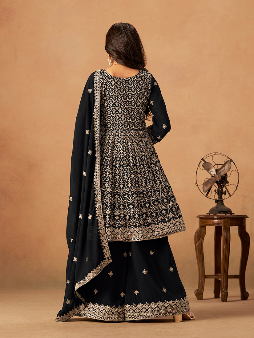 Monjolika Fashion Black Embroidered Faux Georgette Trendy Palazzo Salwar Kameez | Grocsy