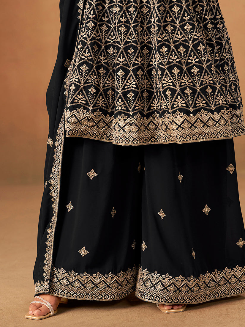 Monjolika Fashion Black Embroidered Faux Georgette Trendy Palazzo Salwar Kameez | Grocsy