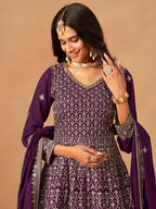 Monjolika Fashion Purple Embroidered Faux Georgette Trendy Palazzo Salwar Kameez | Grocsy