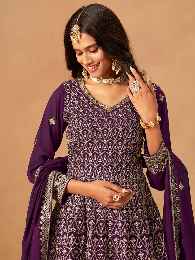 Monjolika Fashion Purple Embroidered Faux Georgette Trendy Palazzo Salwar Kameez | Grocsy