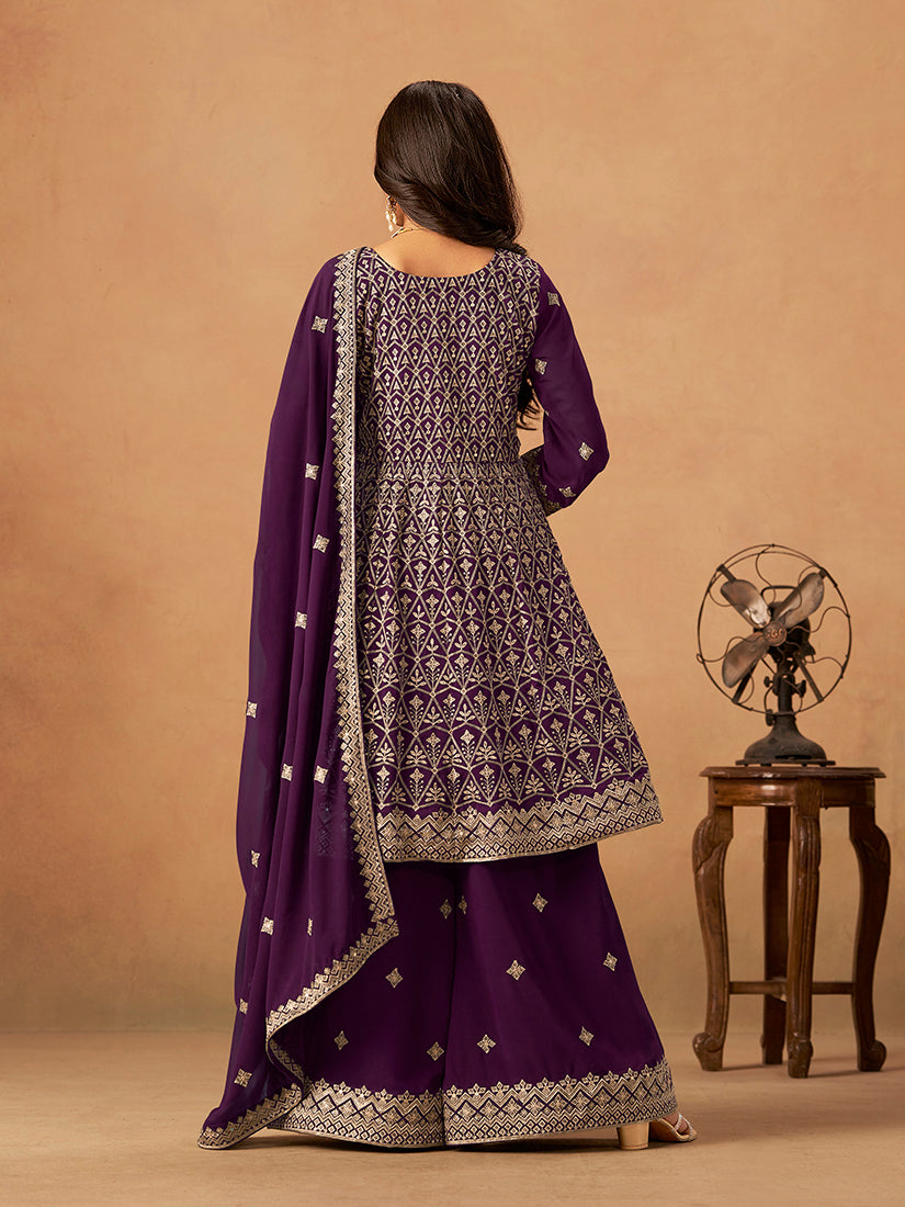 Monjolika Fashion Purple Embroidered Faux Georgette Trendy Palazzo Salwar Kameez | Grocsy