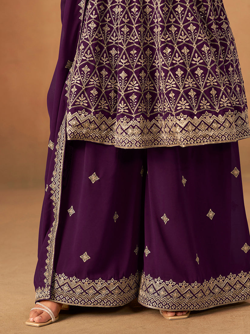 Monjolika Fashion Purple Embroidered Faux Georgette Trendy Palazzo Salwar Kameez | Grocsy