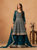 Monjolika Fashion Teal Embroidered Faux Georgette Trendy Palazzo Salwar Kameez | Grocsy