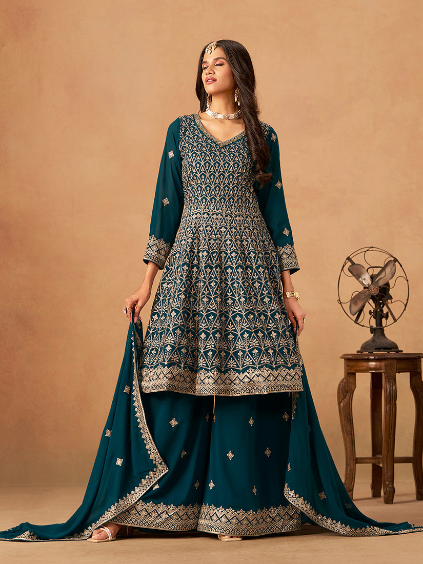 Monjolika Fashion Teal Embroidered Faux Georgette Trendy Palazzo Salwar Kameez | Grocsy