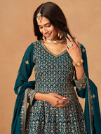 Monjolika Fashion Teal Embroidered Faux Georgette Trendy Palazzo Salwar Kameez | Grocsy