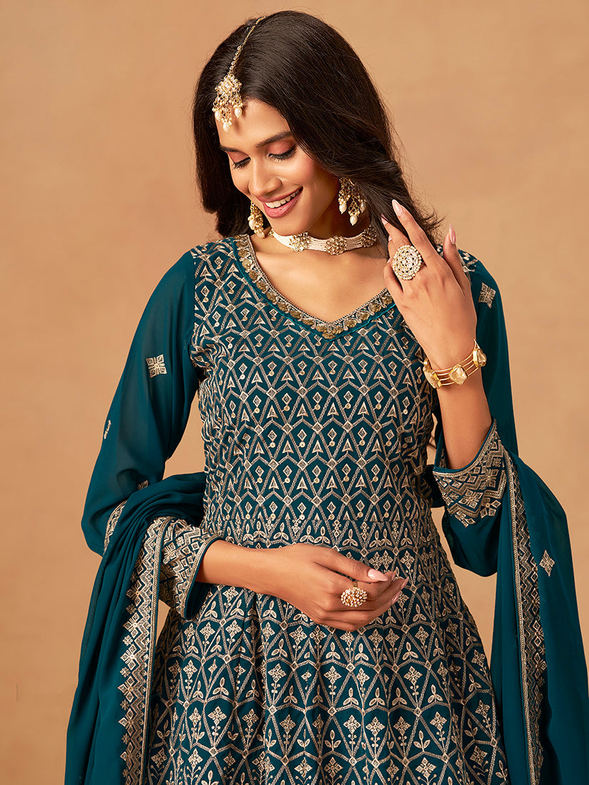 Monjolika Fashion Teal Embroidered Faux Georgette Trendy Palazzo Salwar Kameez | Grocsy