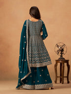 Monjolika Fashion Teal Embroidered Faux Georgette Trendy Palazzo Salwar Kameez | Grocsy