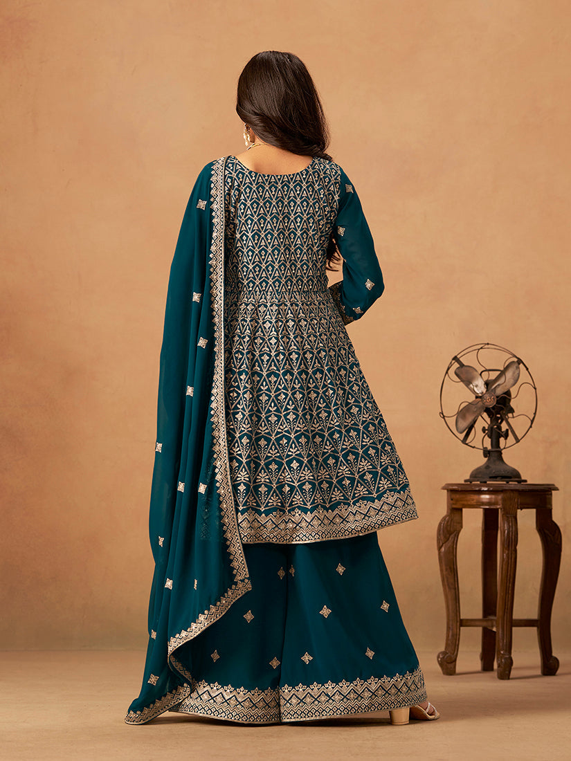 Monjolika Fashion Teal Embroidered Faux Georgette Trendy Palazzo Salwar Kameez | Grocsy