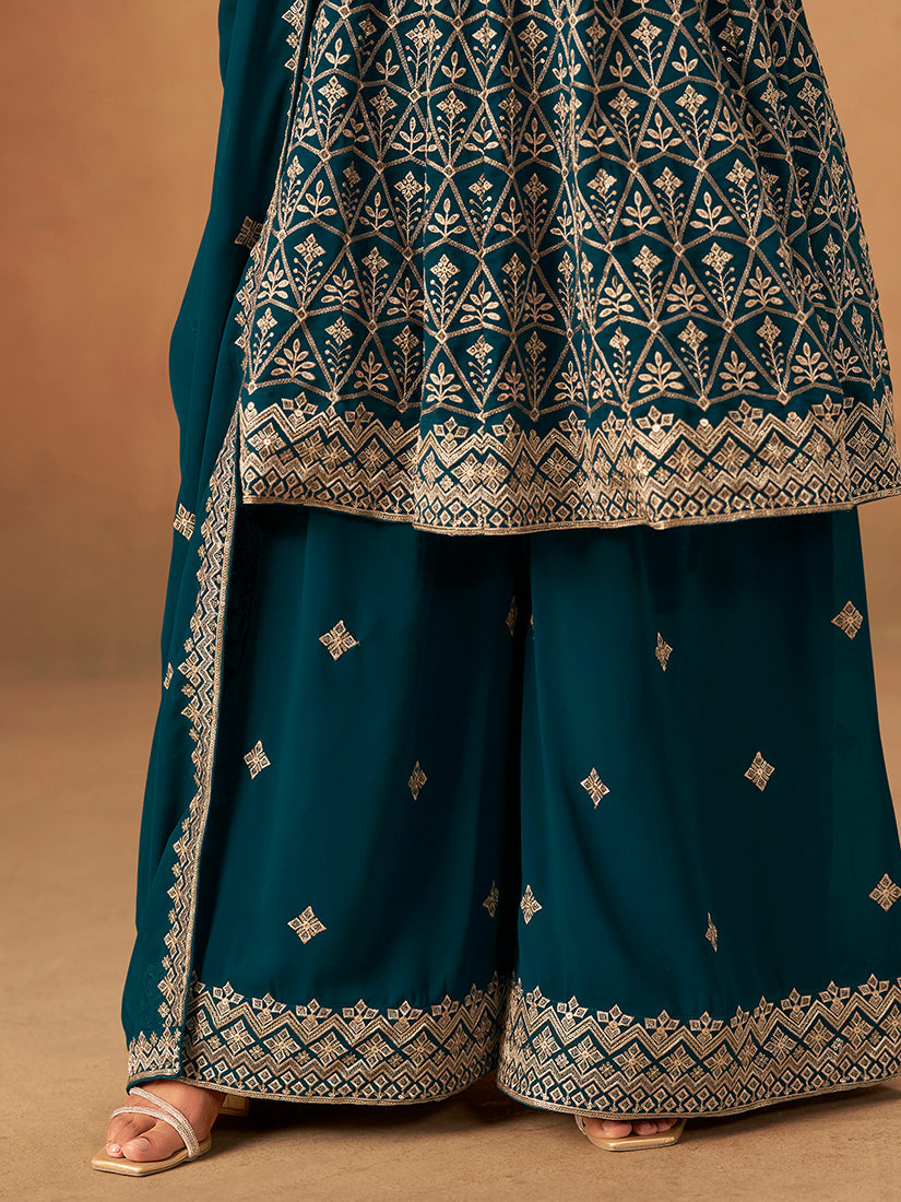 Monjolika Fashion Teal Embroidered Faux Georgette Trendy Palazzo Salwar Kameez | Grocsy